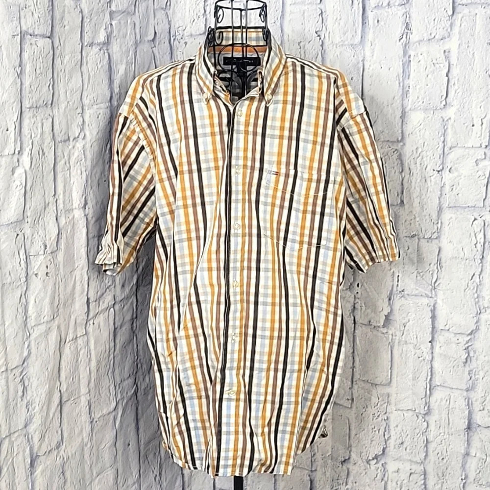 TOMMY HILFIGER Brown‎ and Blue Plaid Short Sleeve Button Down Men's Shirt Medium
